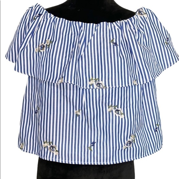 Lucy Paris off shoulder striped embroidered top NWT blue white stripe - Picture 1 of 10